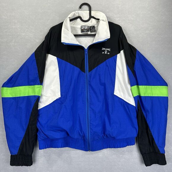 Vintage Spalding Jacket Mens Large Neon Blue Black White Windbreaker 90s Nylon - Picture 1 of 13